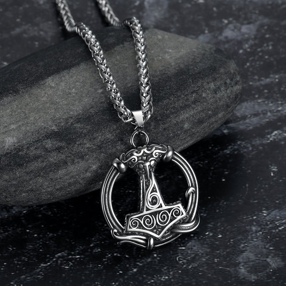 Handcrafted Stainless Steel Thor's Hammer Circular Necklace